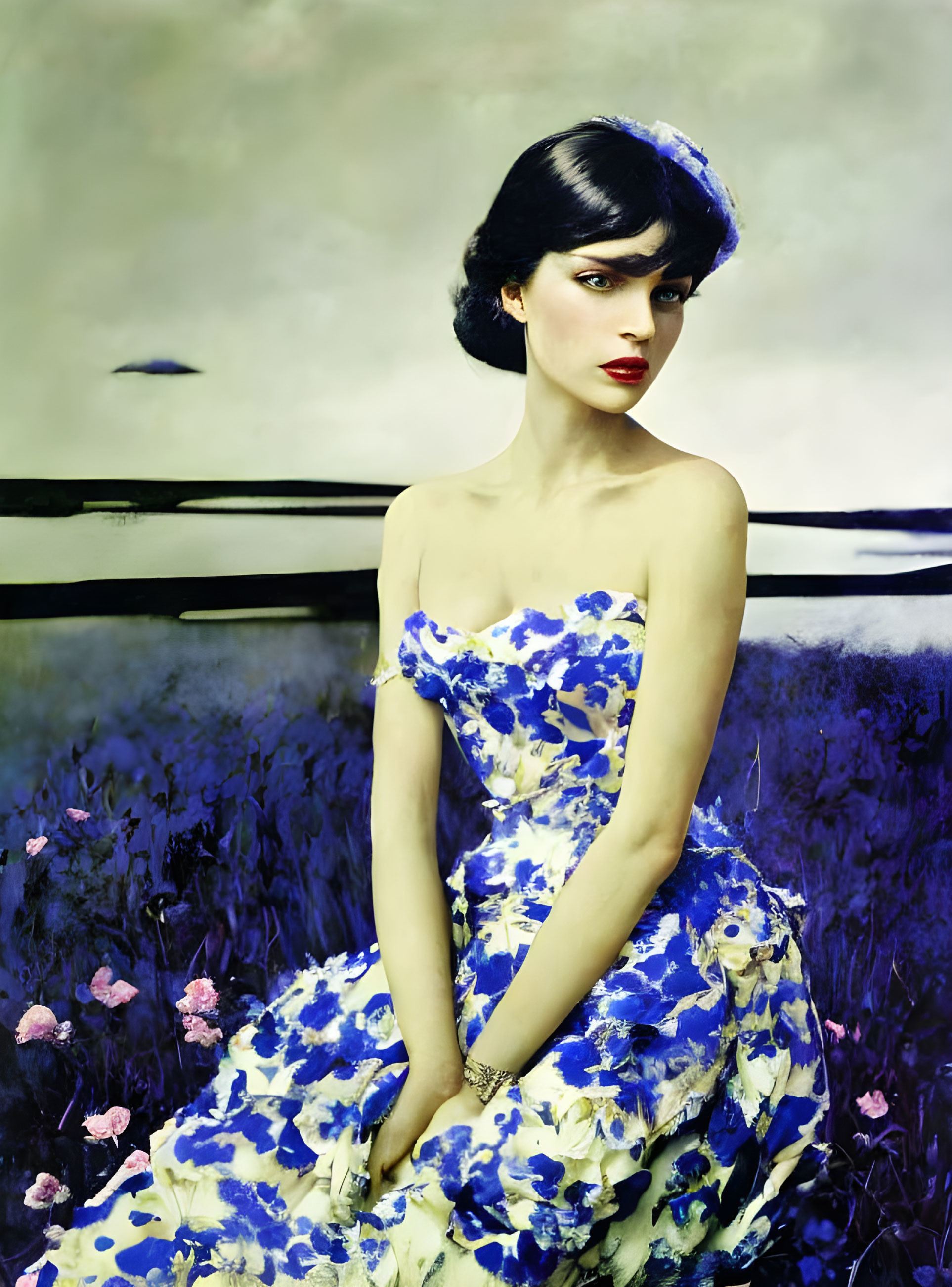 Woman in Blue and White Floral Gown Seated in Flower Field