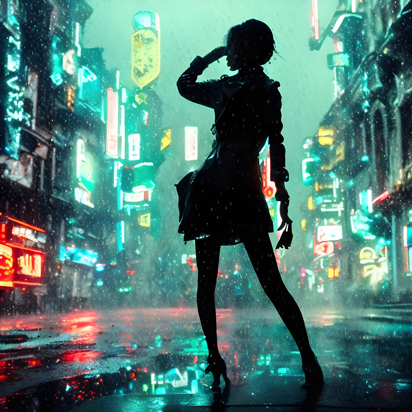 Silhouette of person with umbrella in neon-lit rainy urban scene