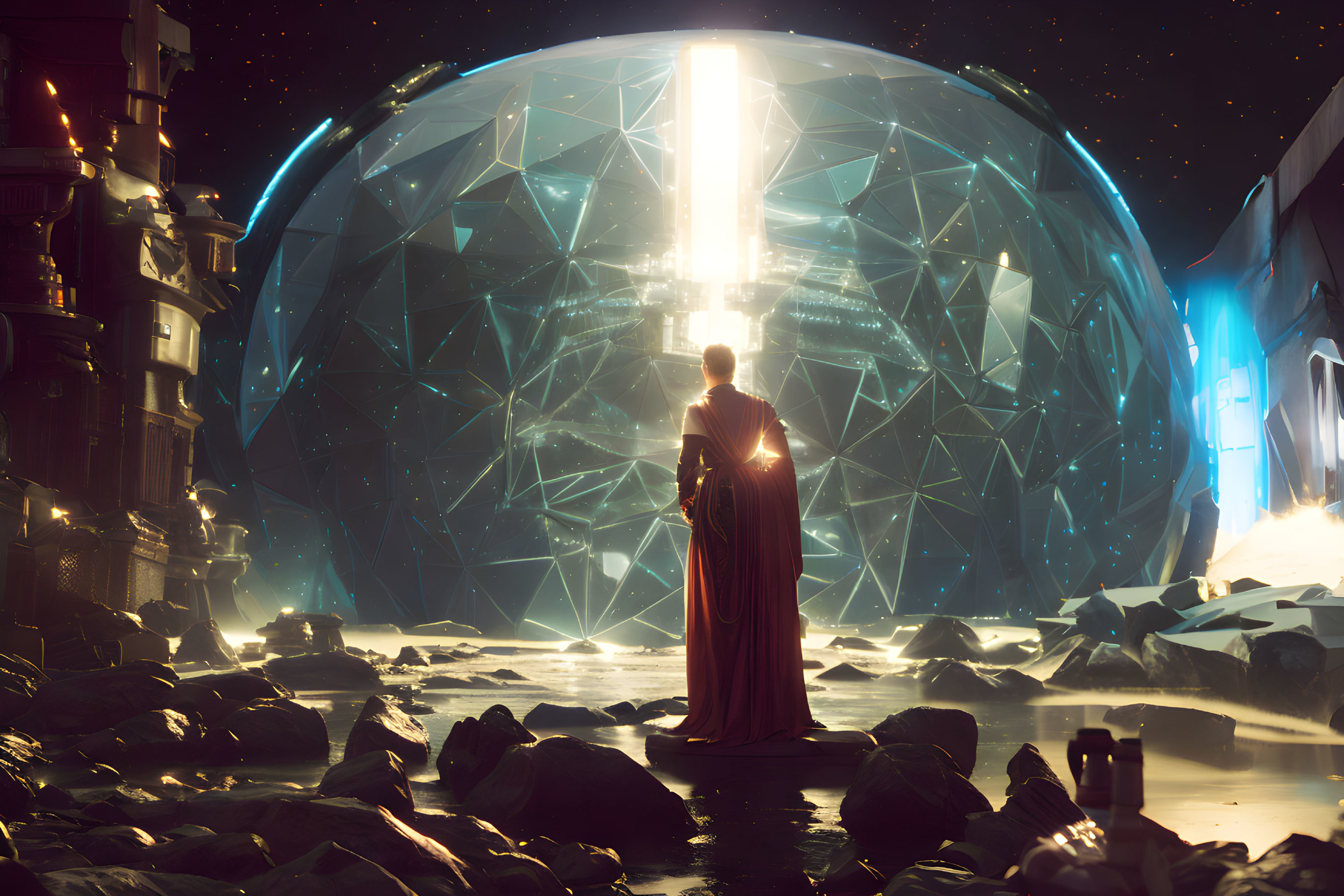 Person in red cloak before illuminated spherical structure with futuristic cityscape.