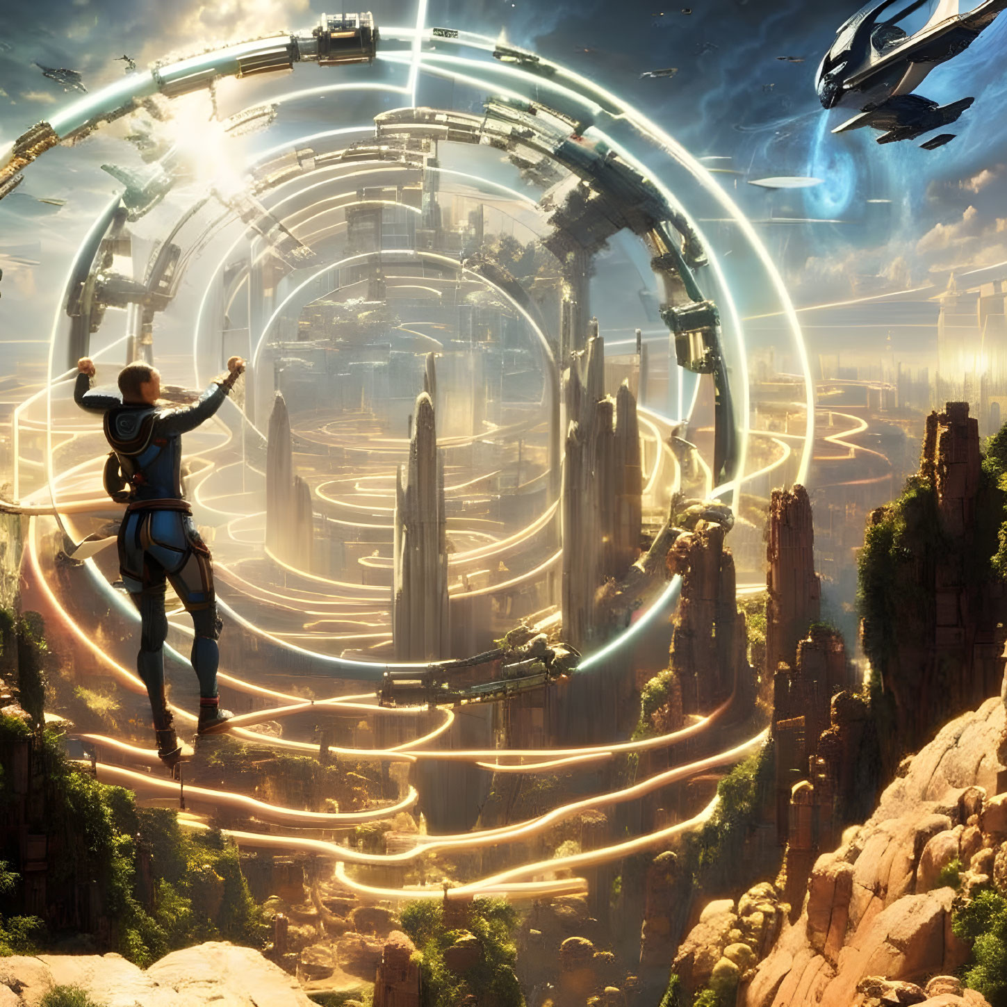 Futuristic cityscape with skyscrapers, glowing rings, and astronaut leaping among rock pillars