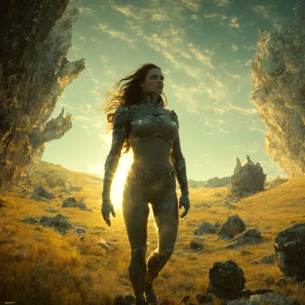 Futuristic armored woman in rugged field with rocks and sunlit sky