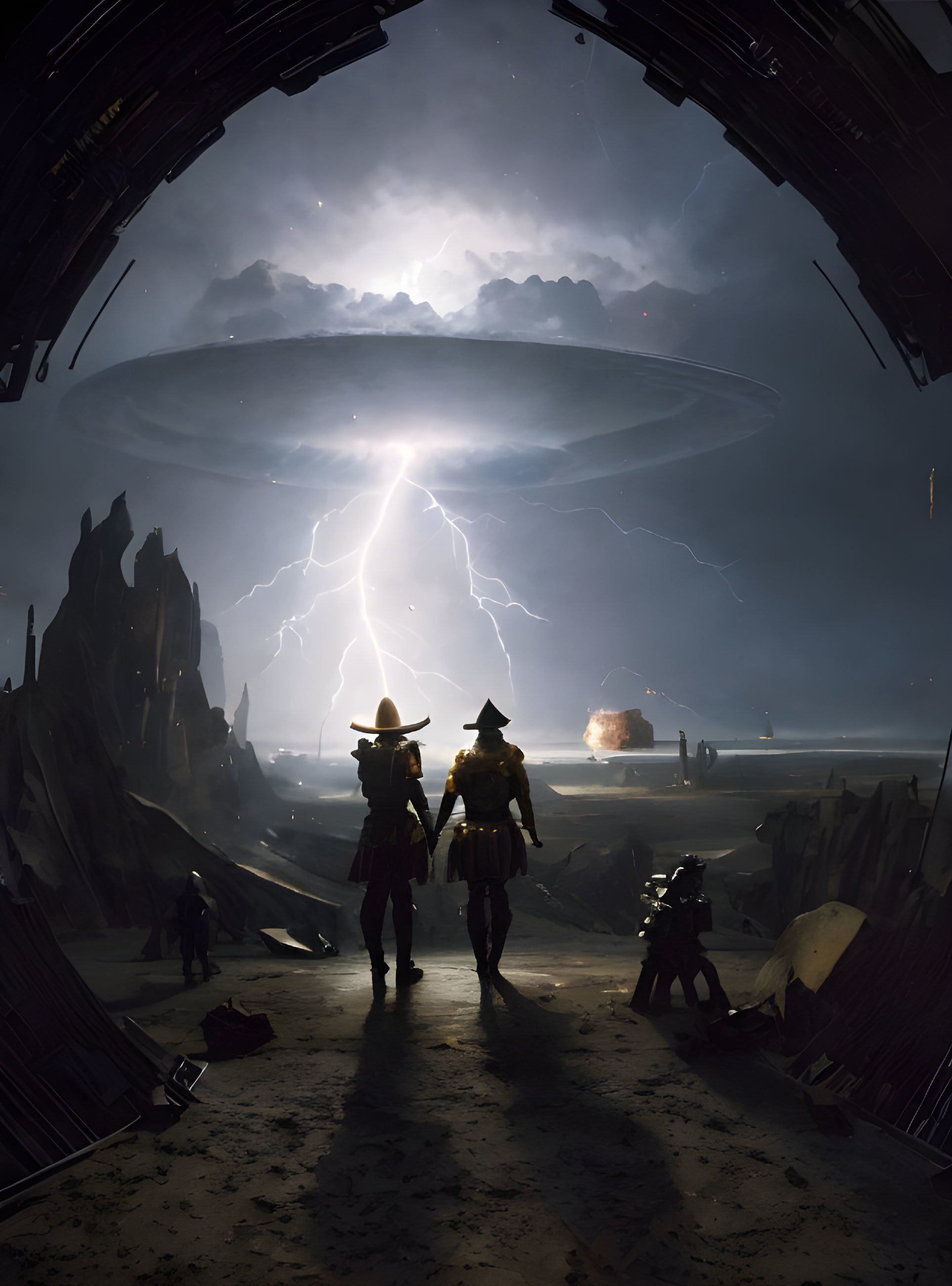 Two figures in hats observe an alien scene with a ring-shaped ship and lightning in a rocky landscape.