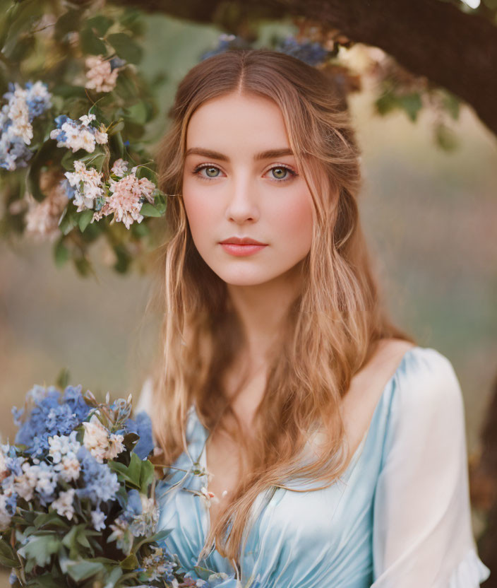 Serene woman in blue dress surrounded by blossoms outdoors