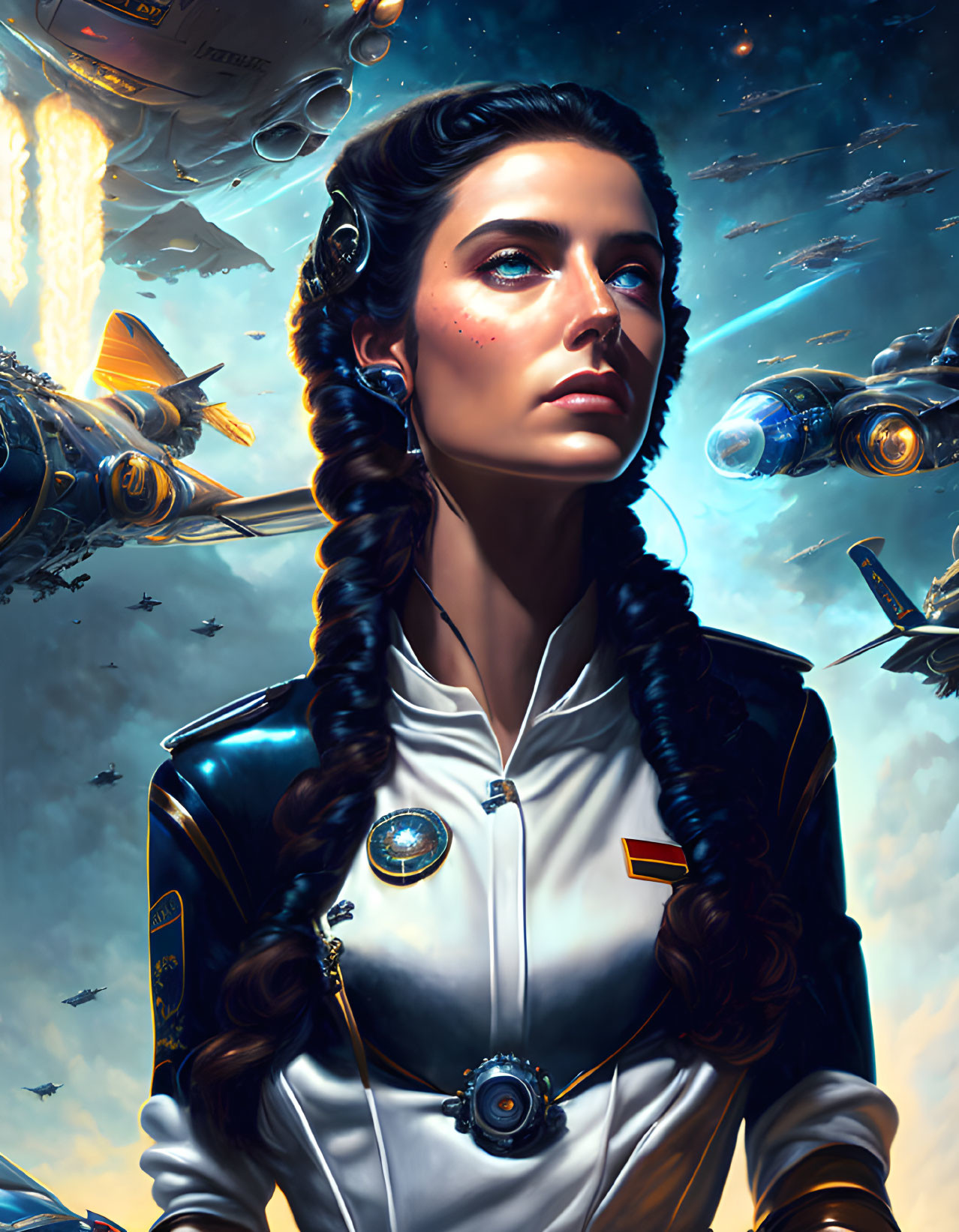 Futuristic female character with ornate hair braids in space-themed uniform