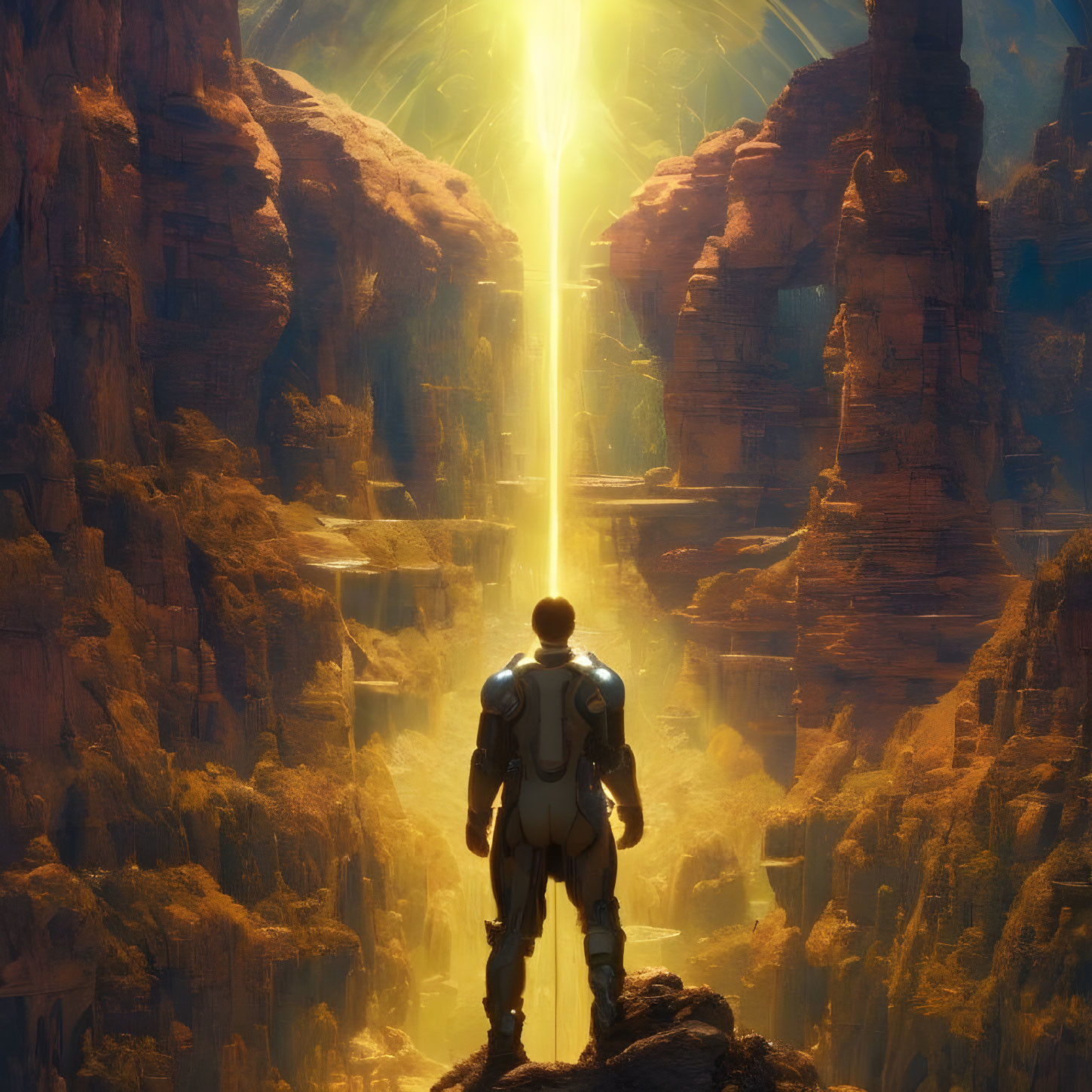 Futuristic astronaut admires radiant light in alien canyon