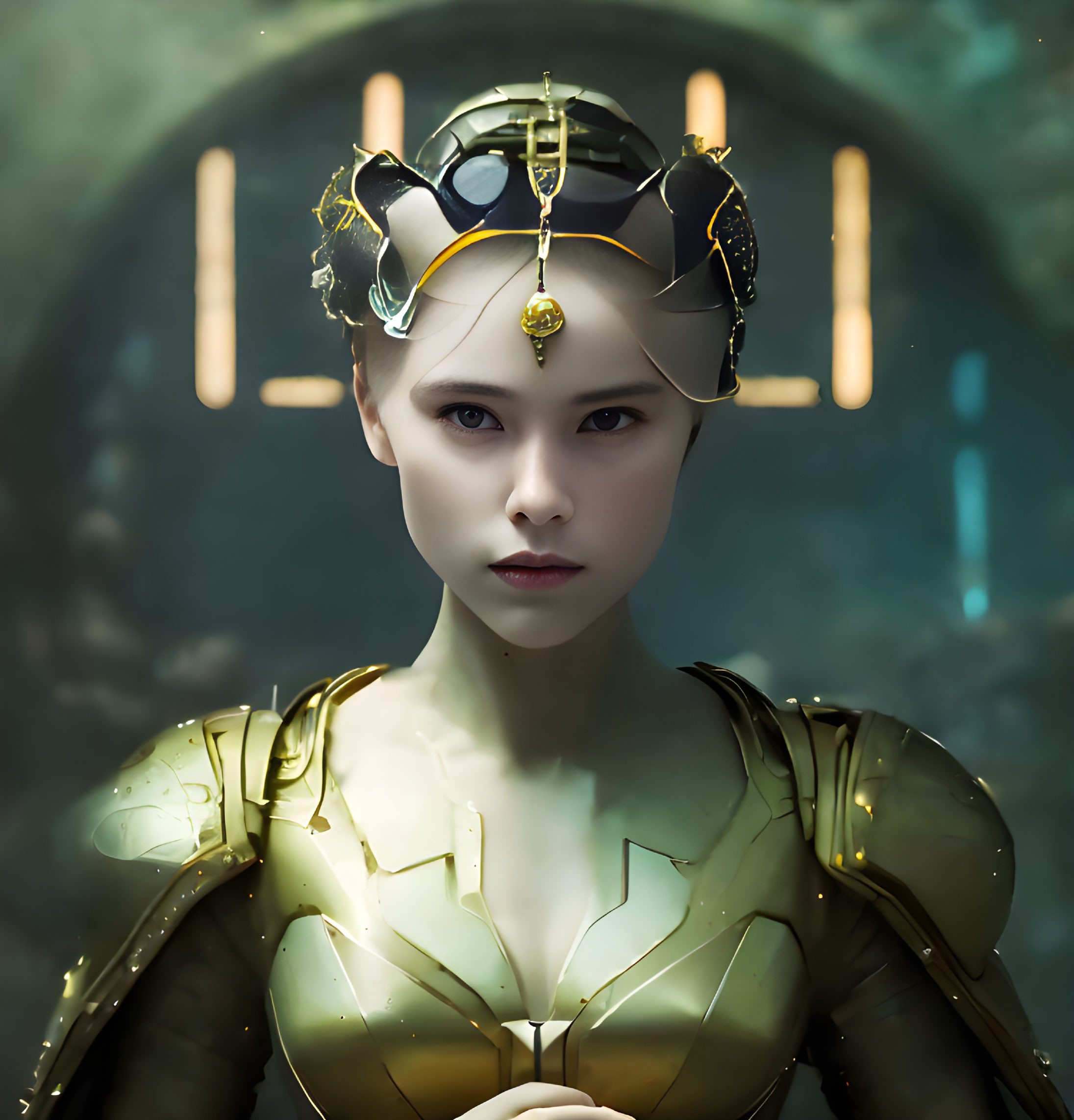 Woman in ornate golden armor and crown with stern expression in dimly lit setting