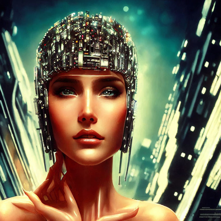 Futuristic stylized portrait of a woman with cybernetic headpiece