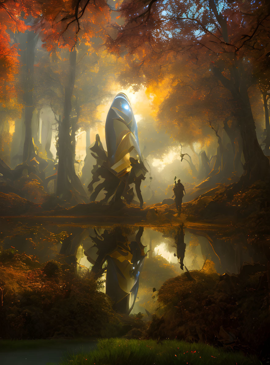 Person Contemplating Spaceship in Autumn Forest