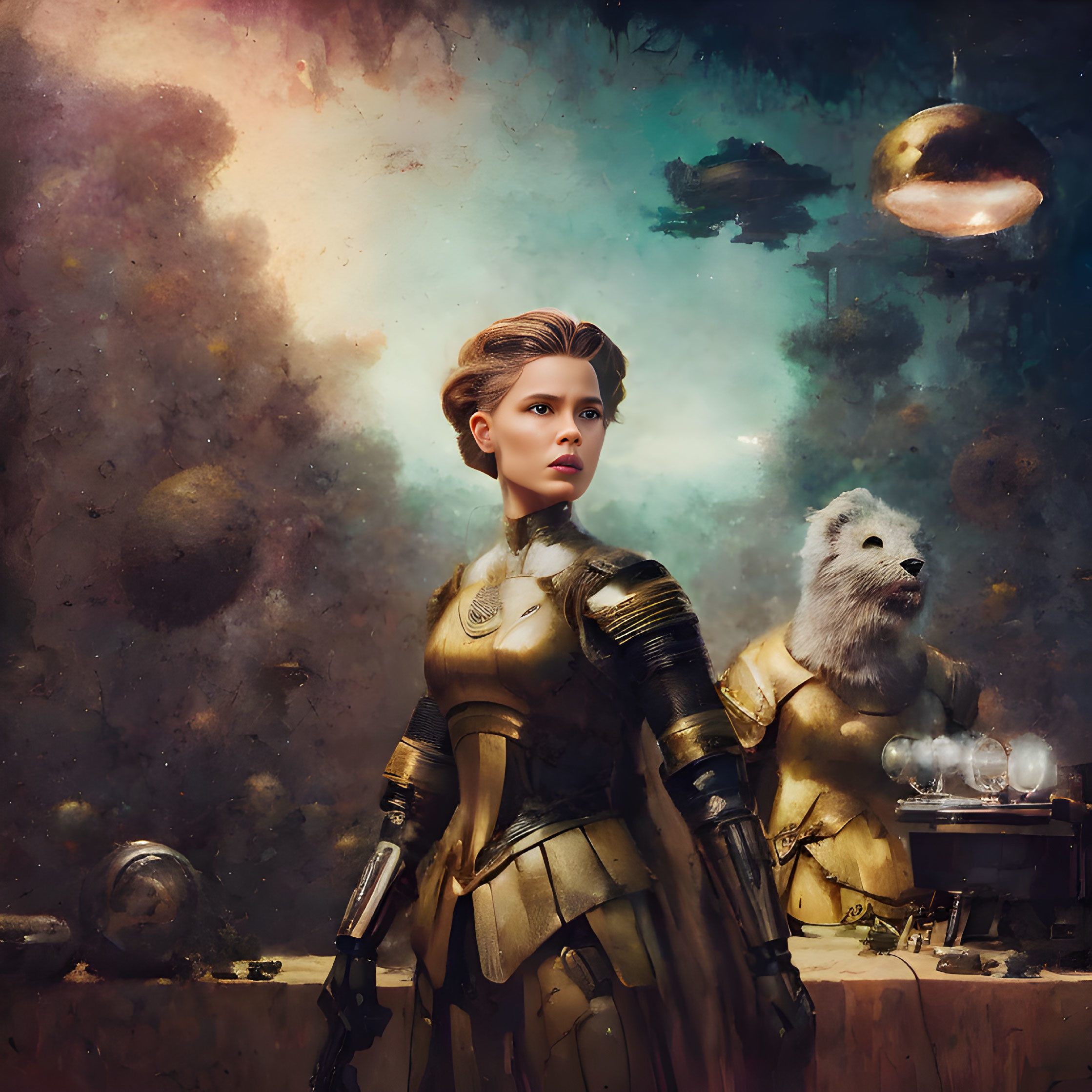 Futuristic armor woman with mystical white creature in cosmic setting