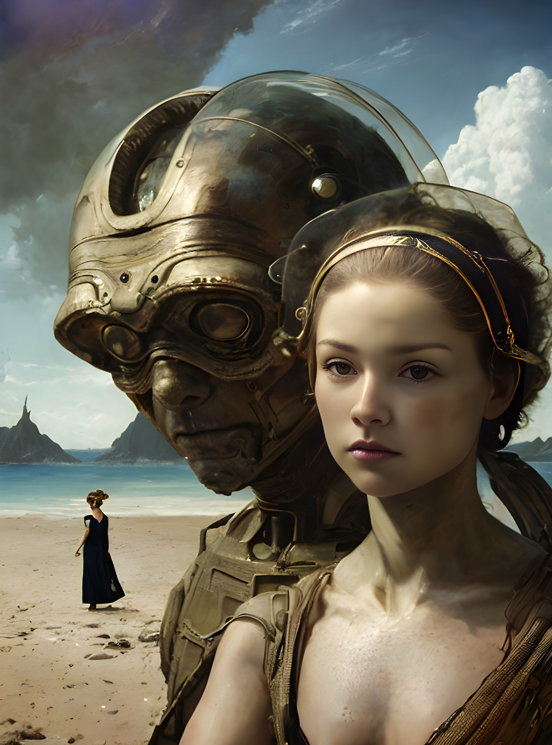 Young woman and large robot on beach under dramatic sky