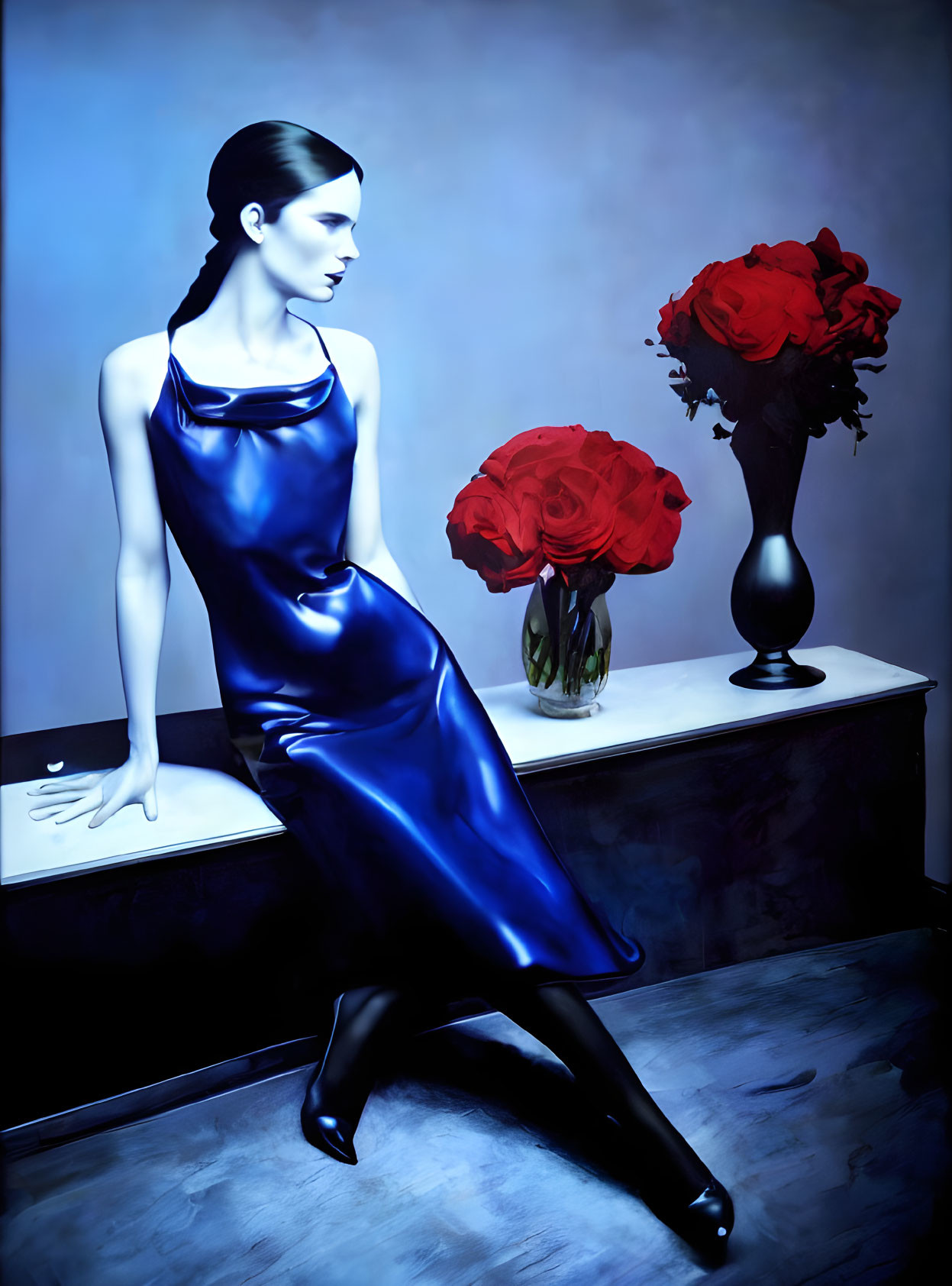 Stylized image of woman in blue dress with red roses in moody ambiance