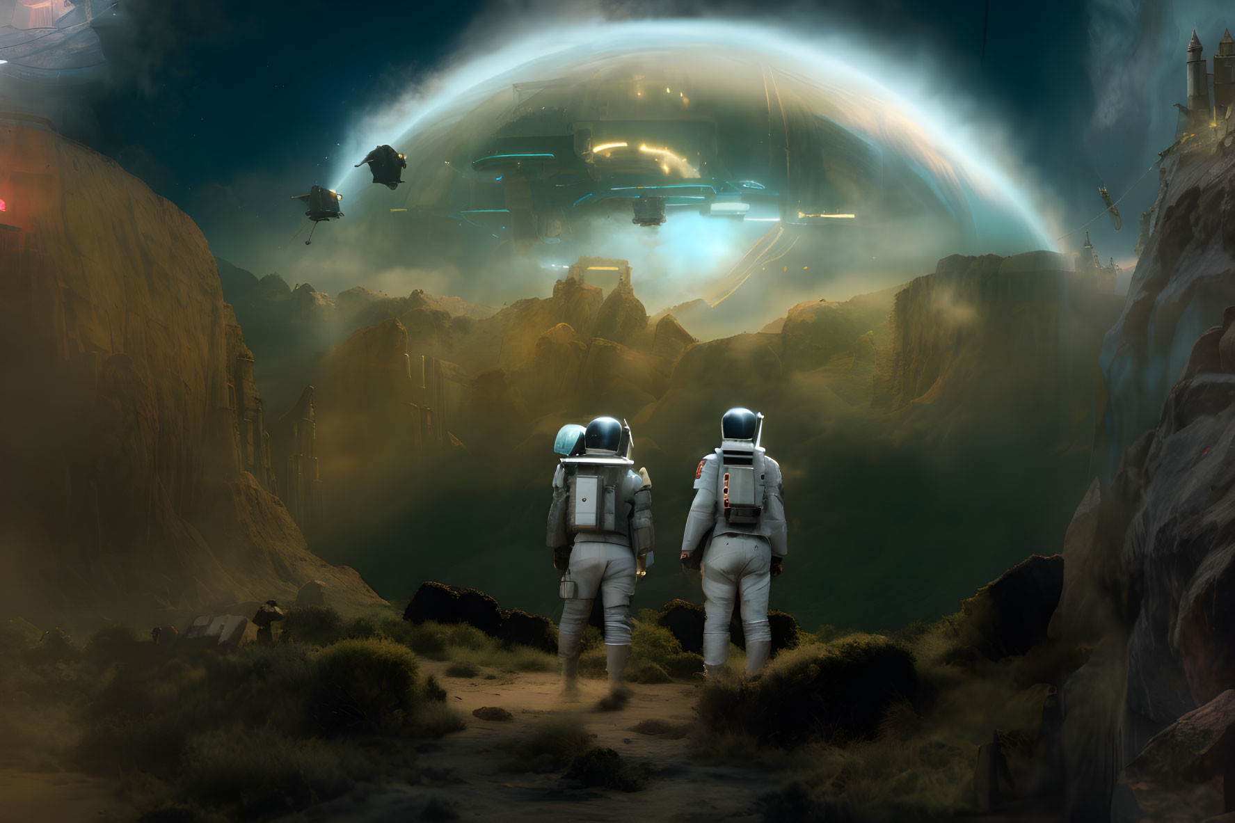 Astronauts on rocky alien planet observe futuristic city with protective dome