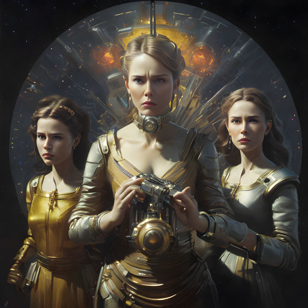 Digital artwork featuring three women in futuristic armor with a spaceship cockpit backdrop