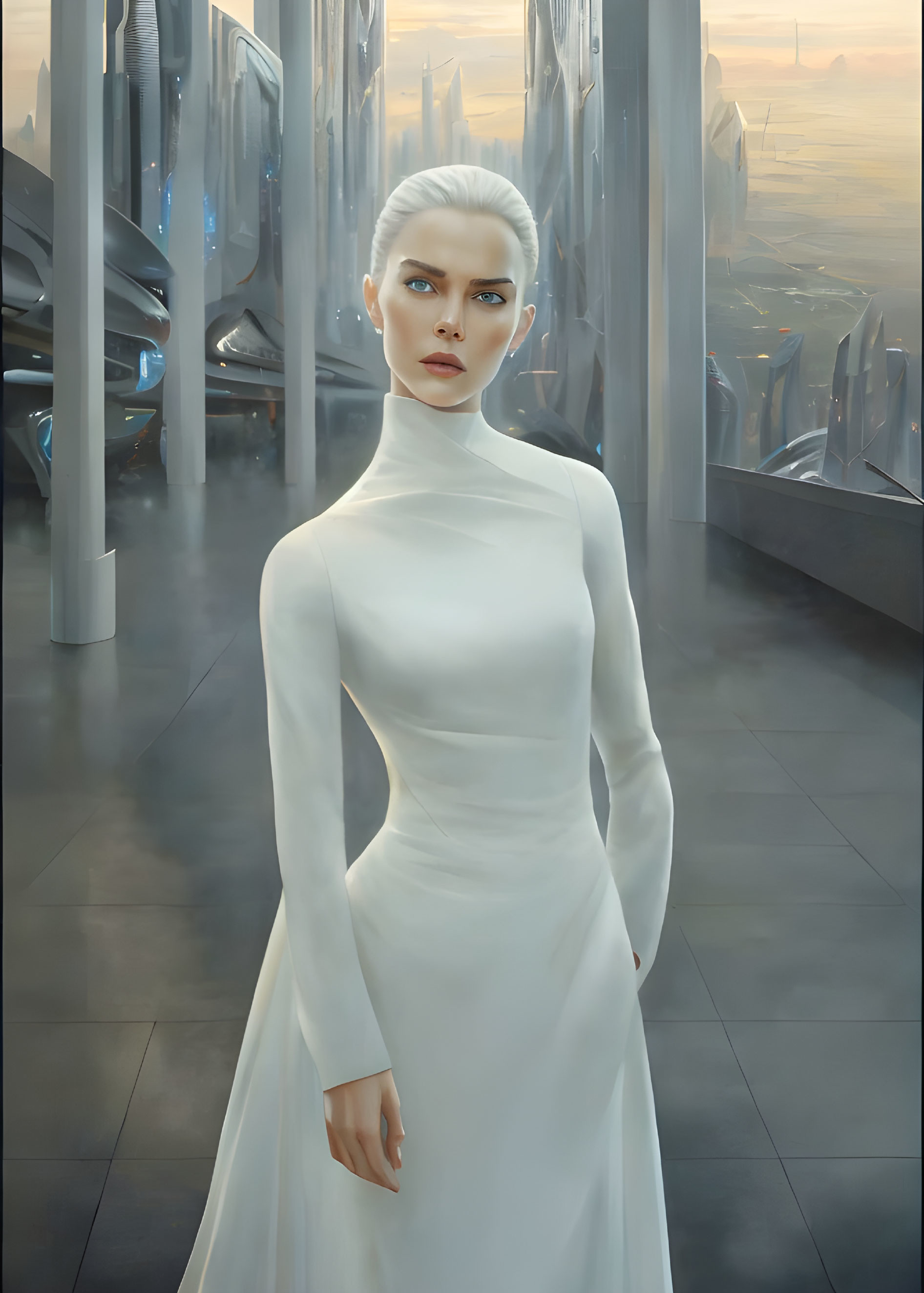 Digital artwork of woman in white dress in futuristic cityscape