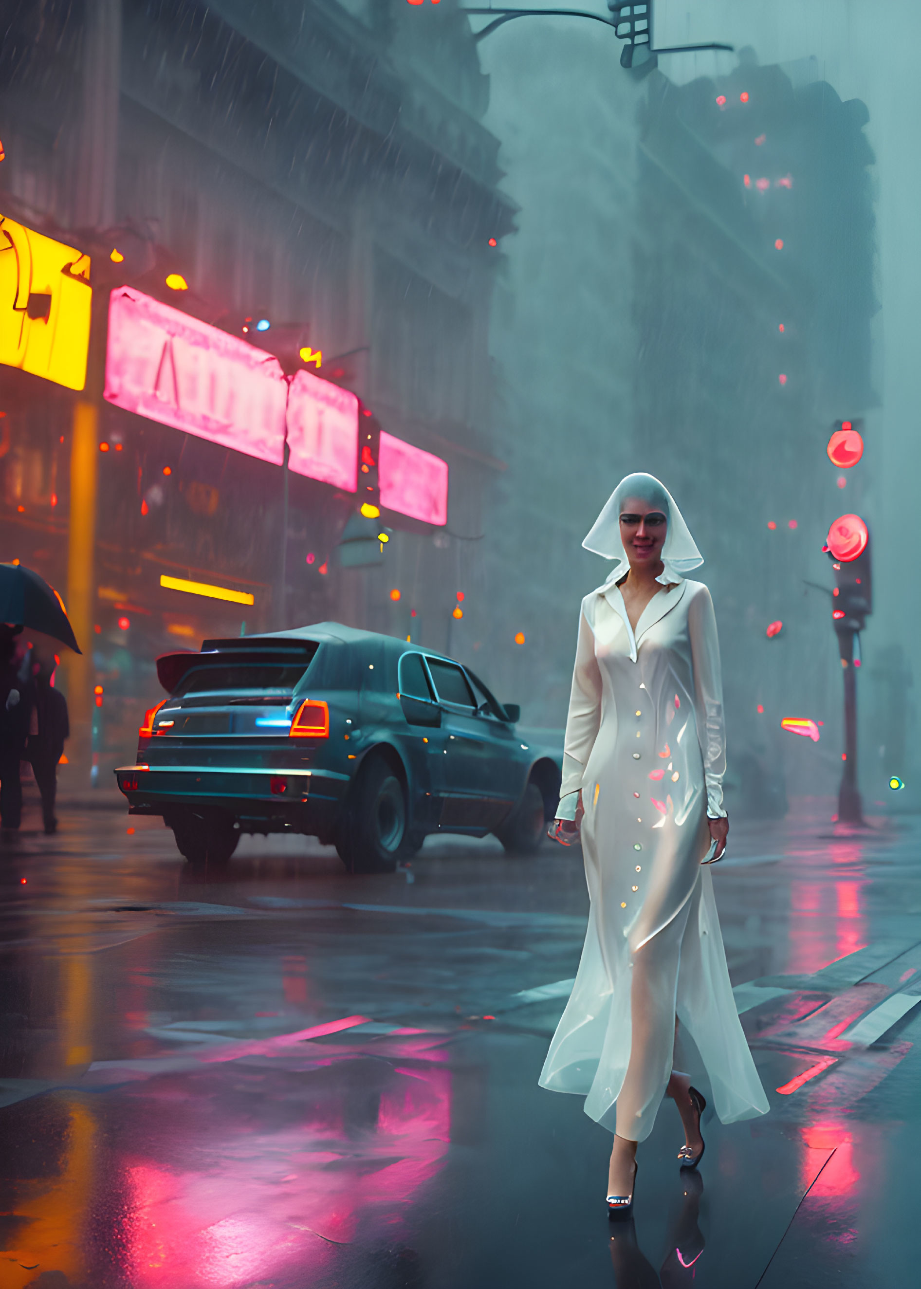 Futuristic woman in white hooded dress on rainy street