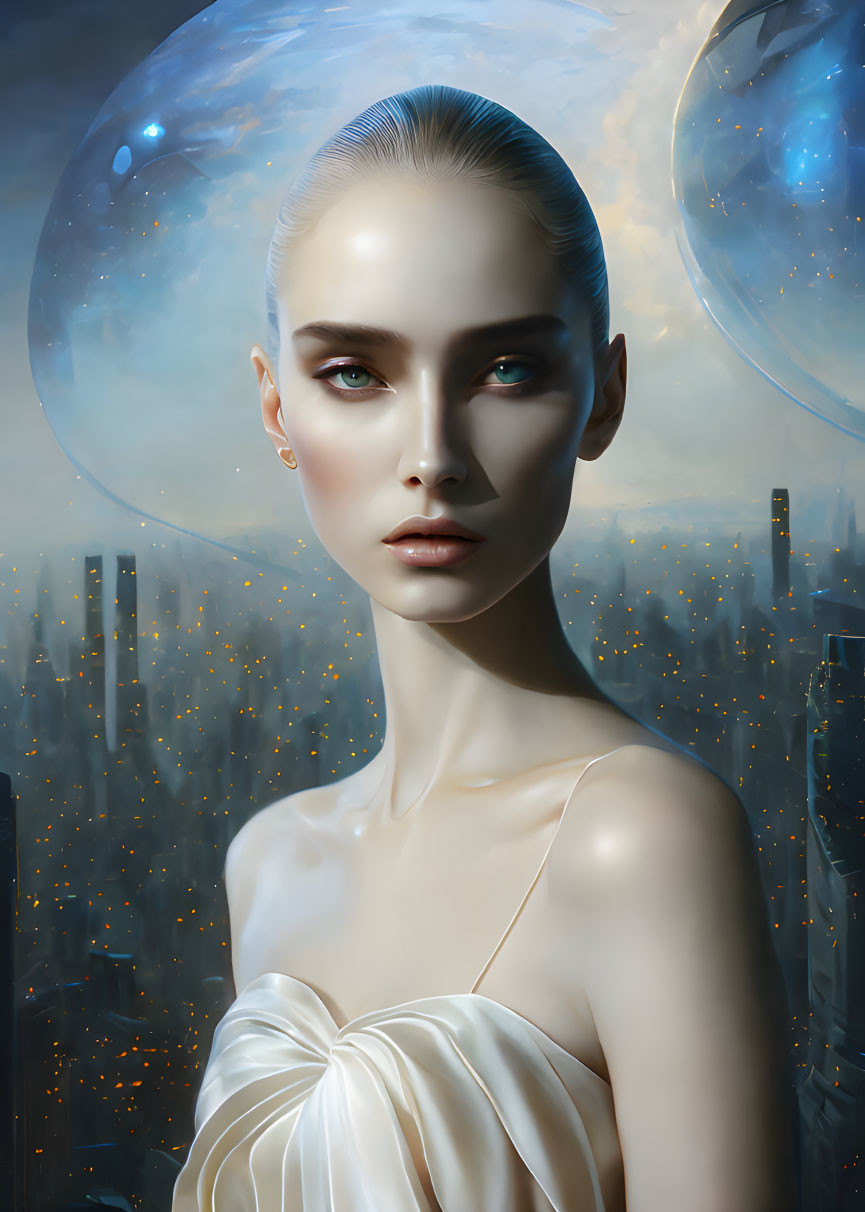 Digital artwork: Woman with blue eyes in futuristic cityscape