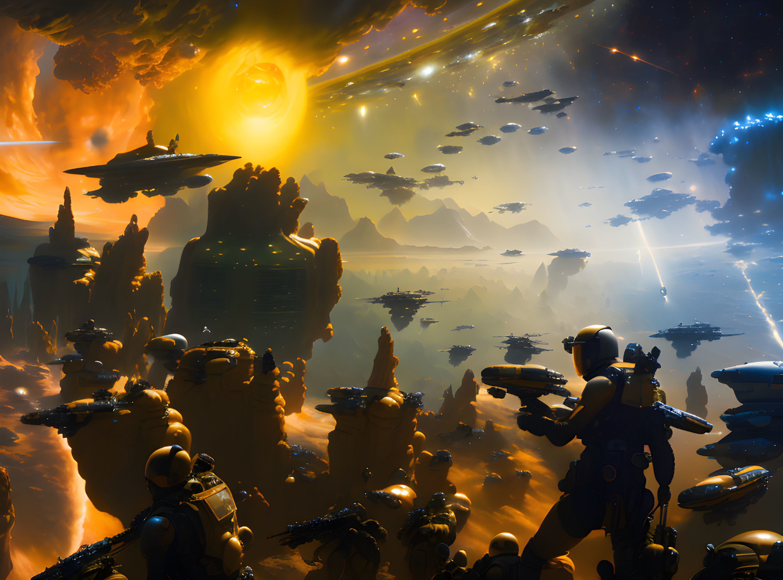 Armored figures and floating ships in futuristic space scene