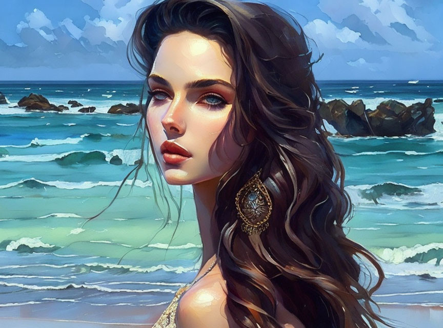 Digital artwork: Woman with flowing hair and earring against vivid ocean backdrop