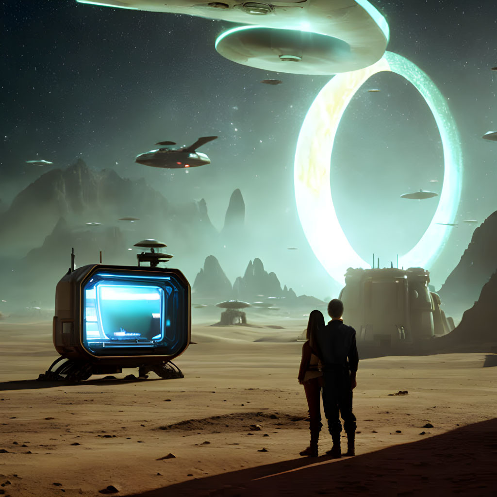 Couple on Alien Planet with Giant Ringed Planet, Ships, and Structure