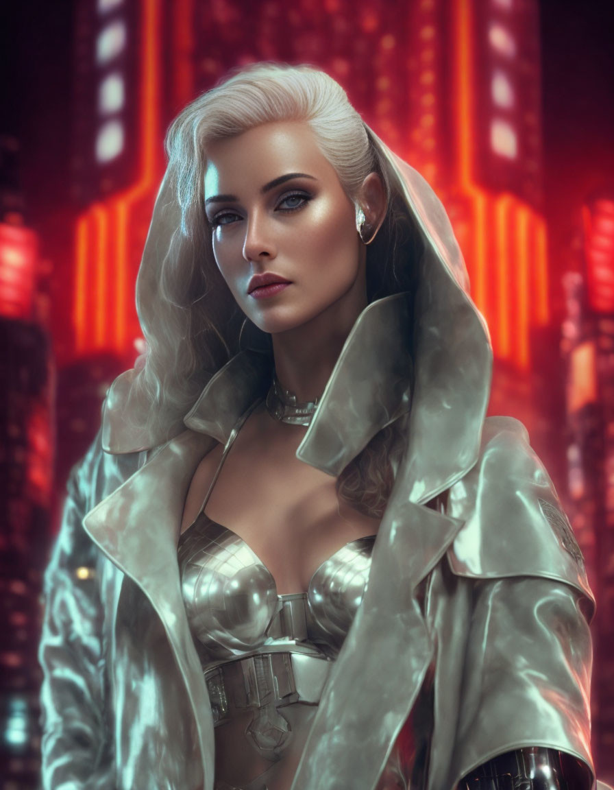 Futuristic white-haired woman in metallic attire with red lights.