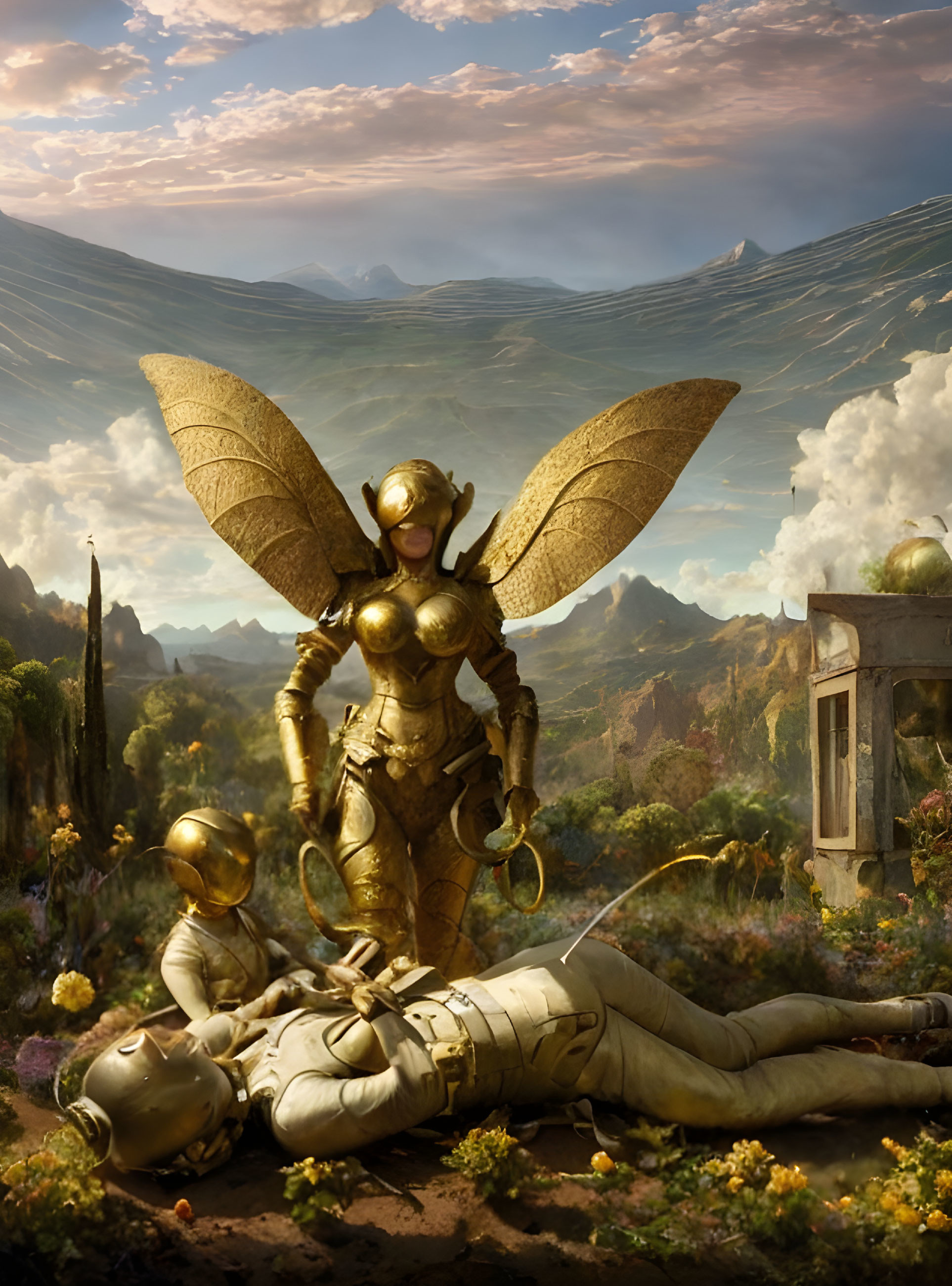 Golden armored figure with wings overlooking fallen figure in scenic landscape