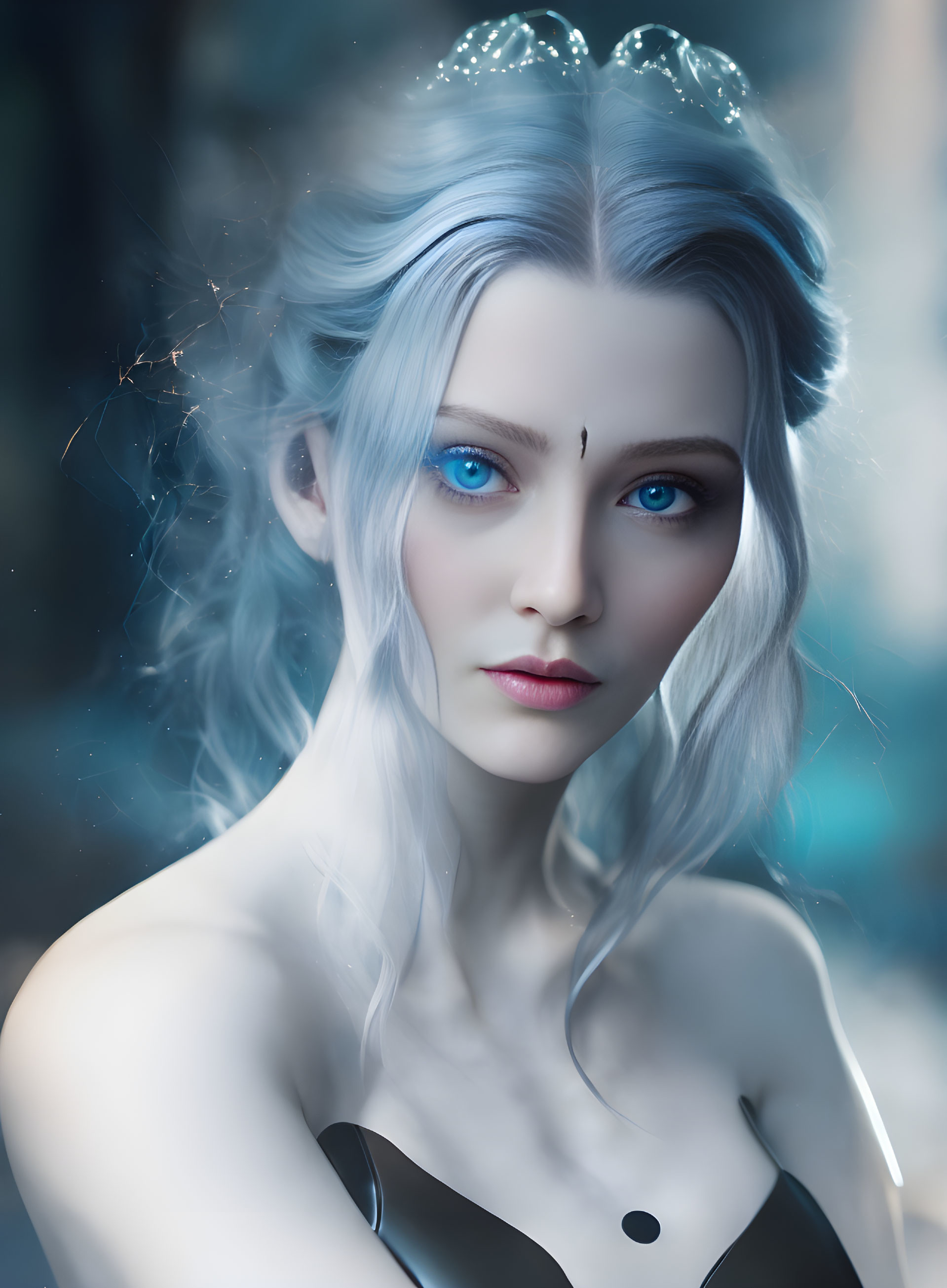 Digital artwork: Pale-skinned woman with blue eyes, silver hair, and crown on blue background