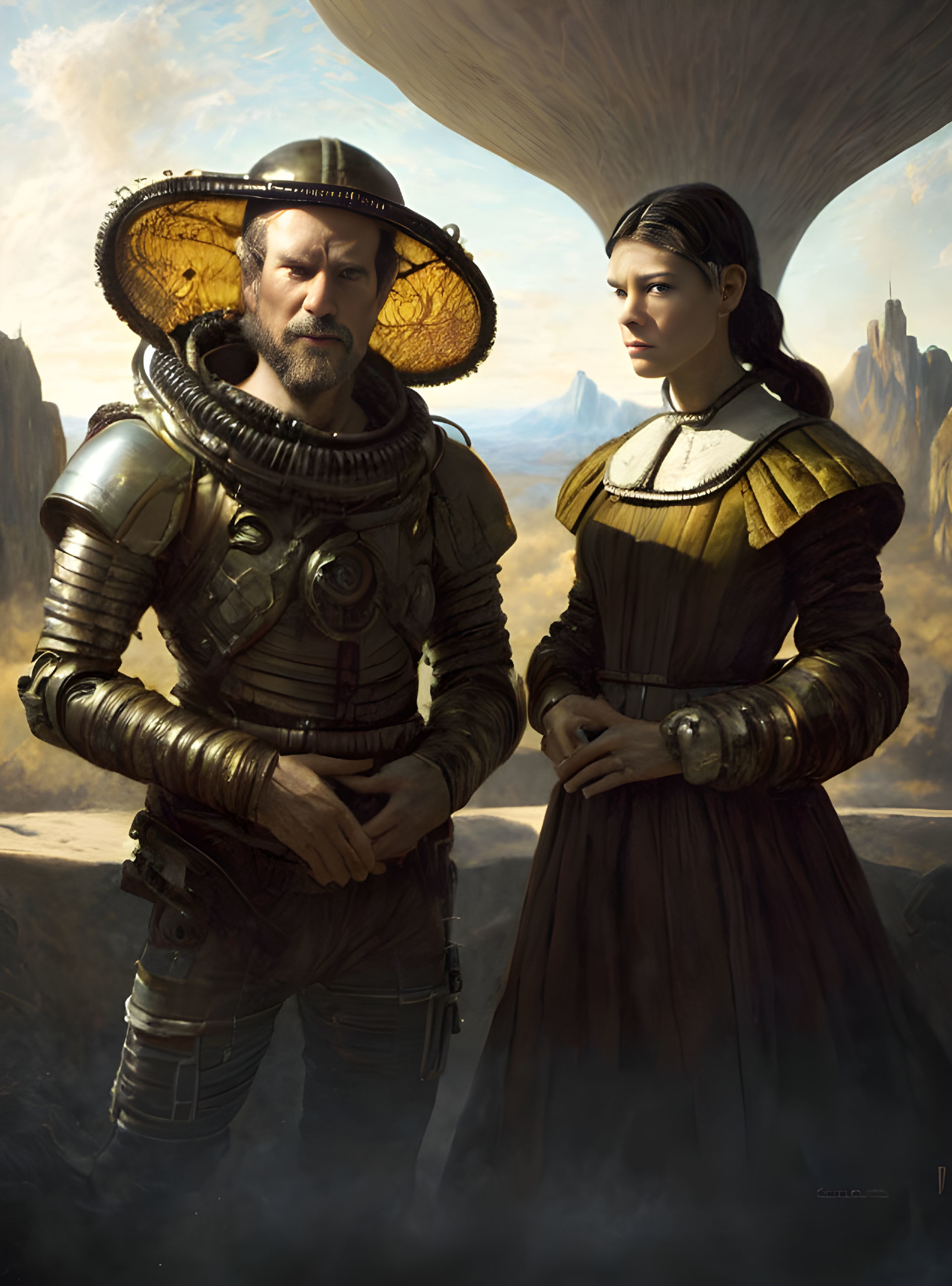 Futuristic man and historical woman in desert scene