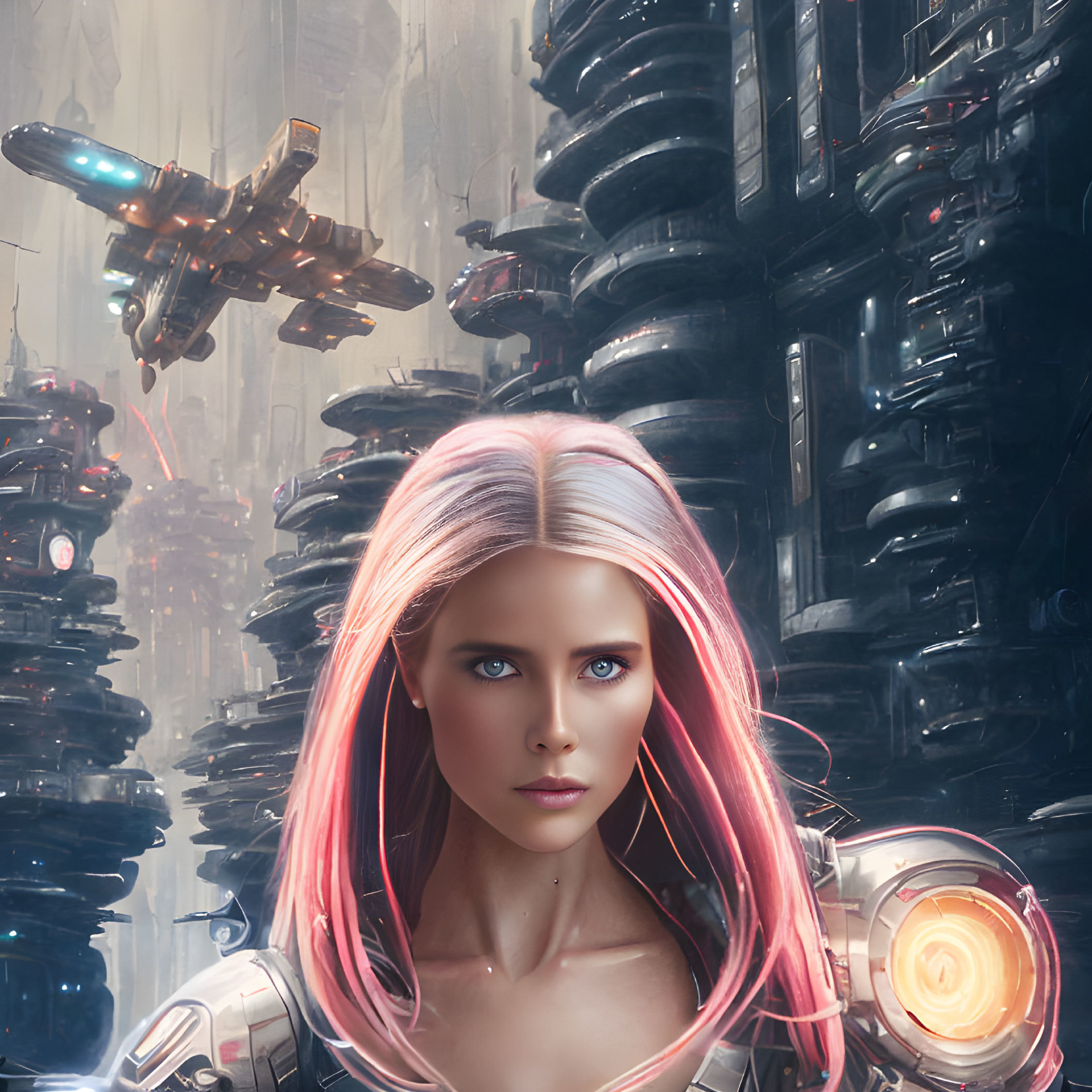 Pink-haired woman in futuristic armor gazes ahead in sci-fi cityscape.