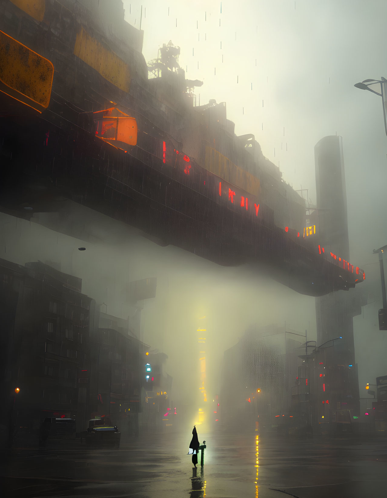 Futuristic cityscape with person holding umbrella under neon-lit hovering train