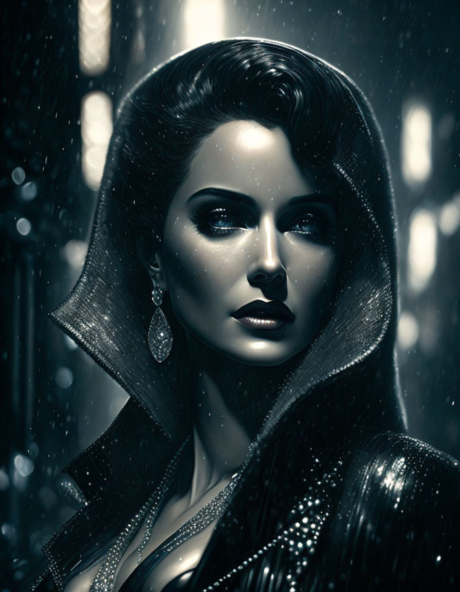 Monochromatic image: Woman with dark hair, hood, earring, rain, and bokeh