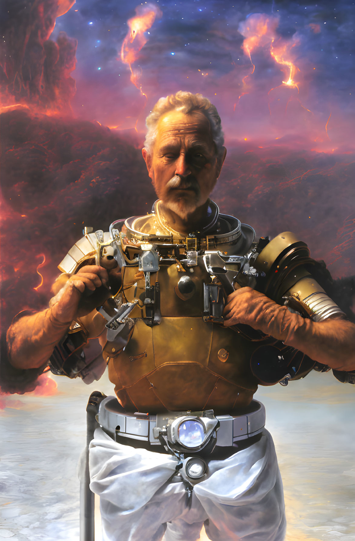 Elderly man in futuristic armor with blaster in front of nebula