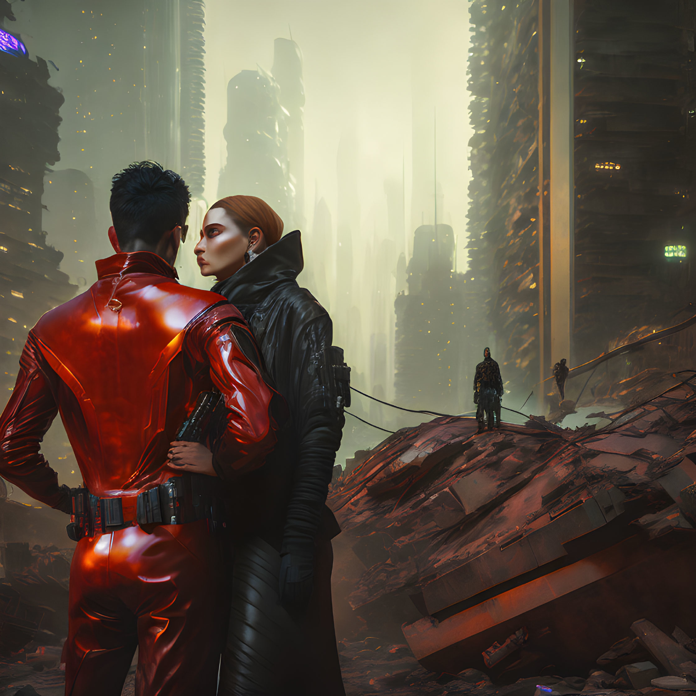 Futuristic couple embraces in dystopian cityscape