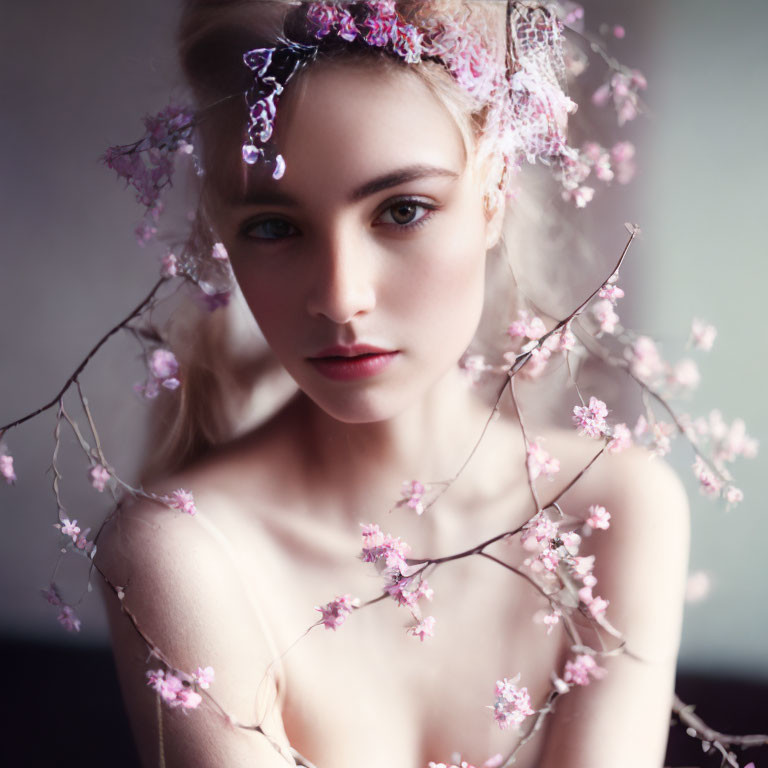 Young woman adorned with pink blossoms in her hair exudes springtime charm