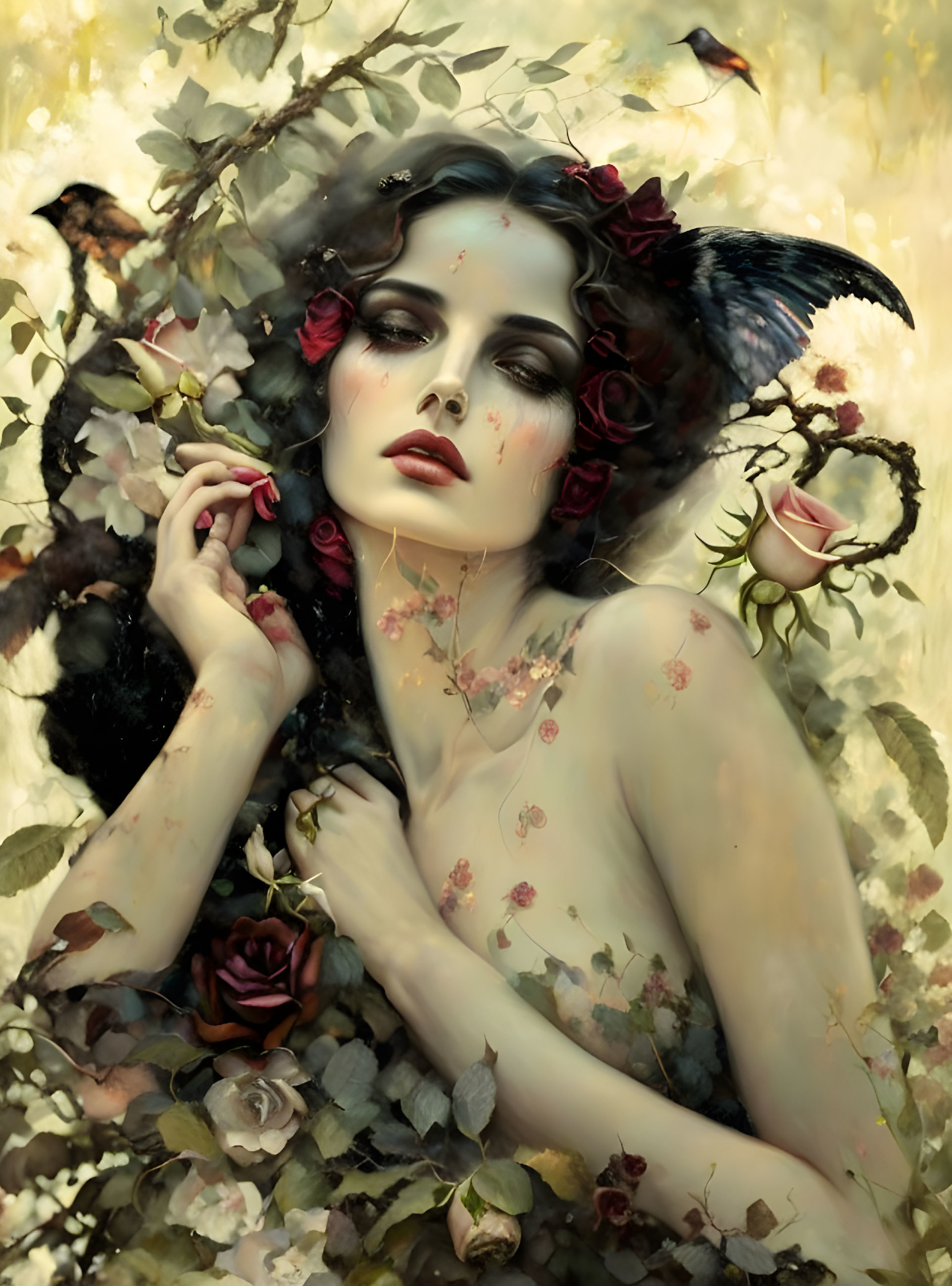 Surreal portrait of a pale-skinned woman with roses and birds.