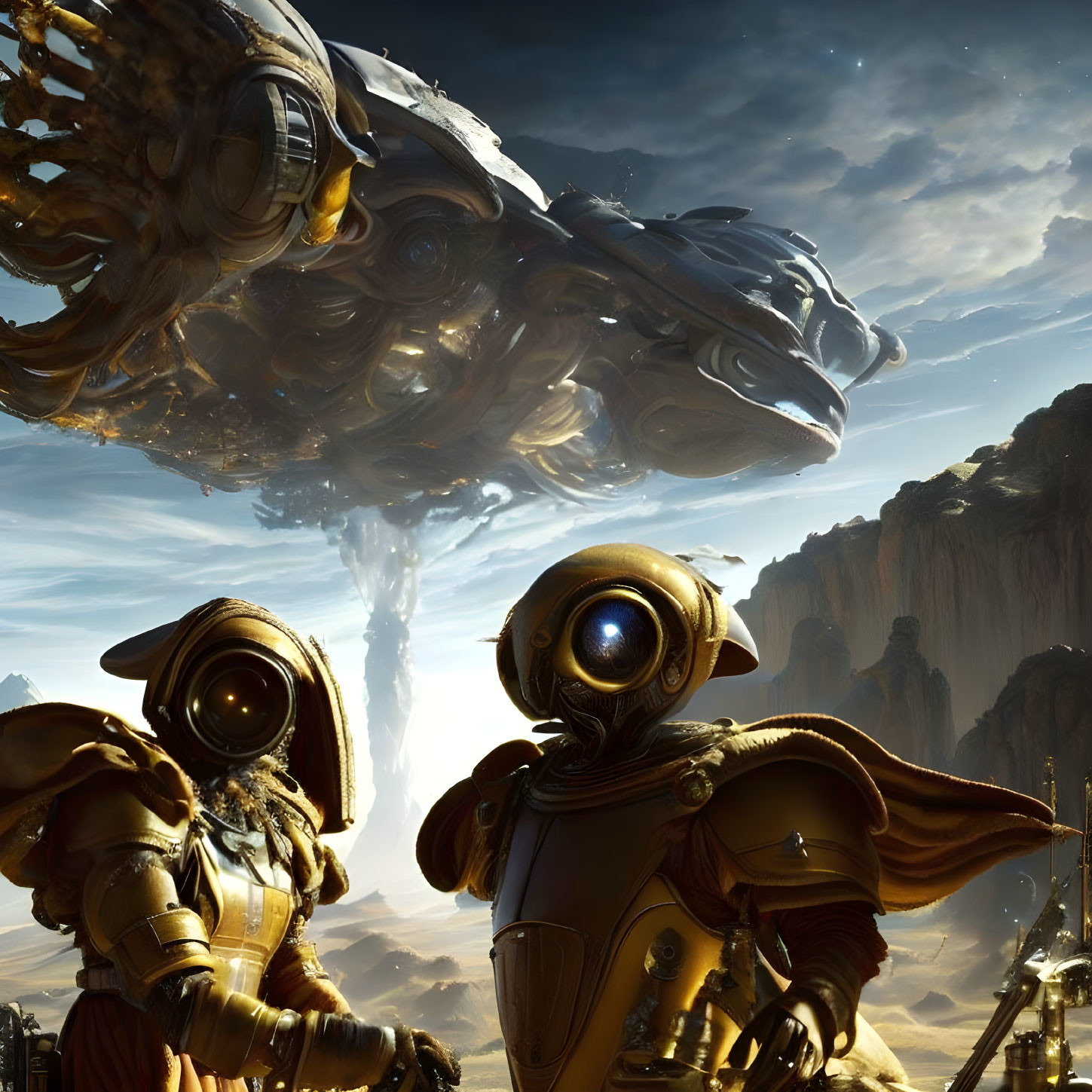 Futuristic armored figures and mechanical serpent in alien landscape