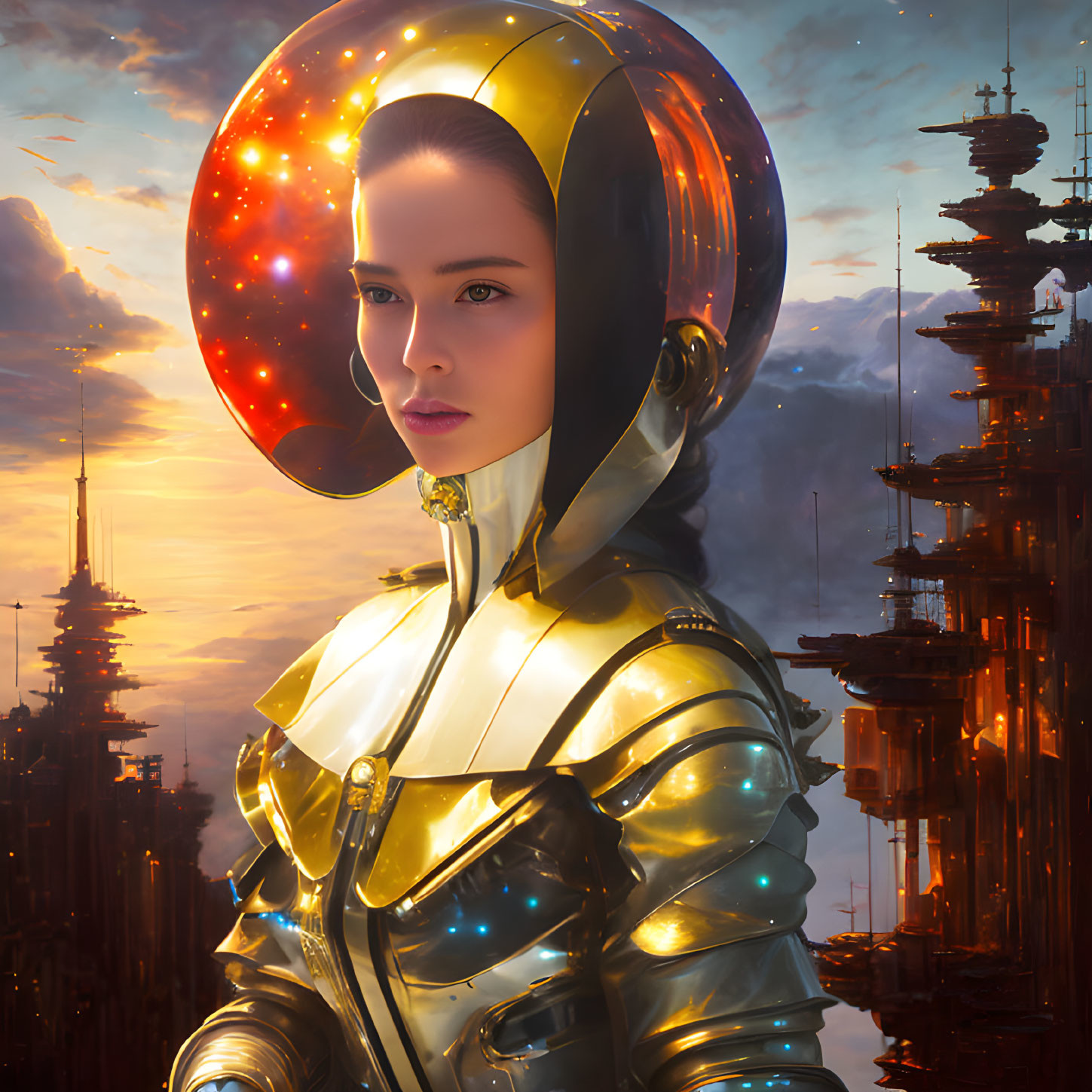 Futuristic woman in golden spacesuit gazes at sci-fi cityscape at sunset