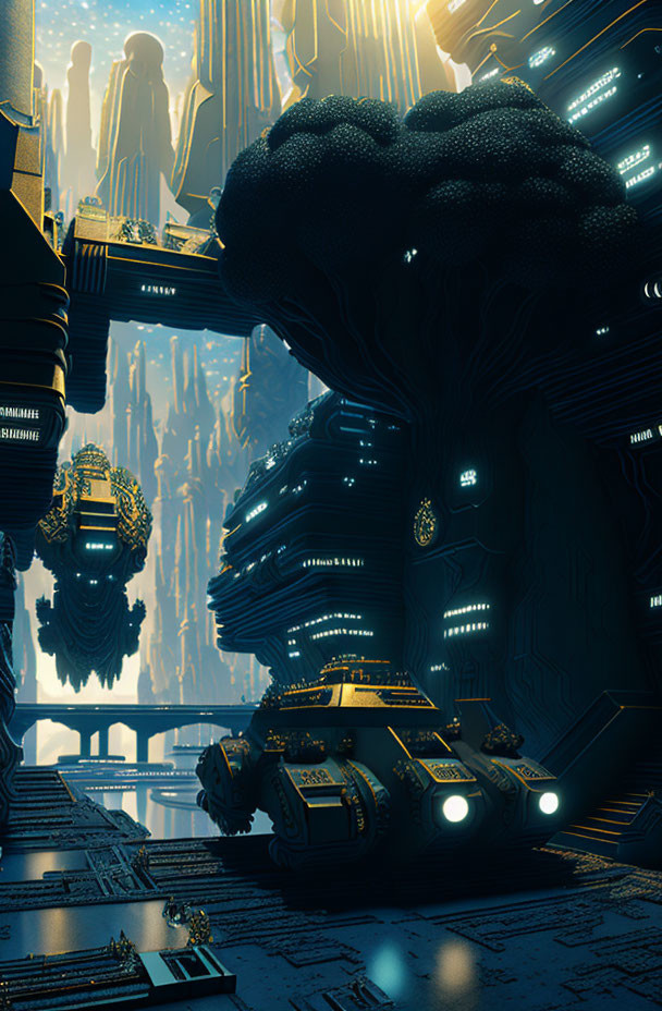 Futuristic cityscape with towering structures and floating vehicles