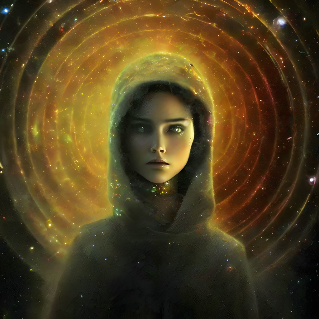 Enigmatic portrait with cosmic backdrop and mystical aura