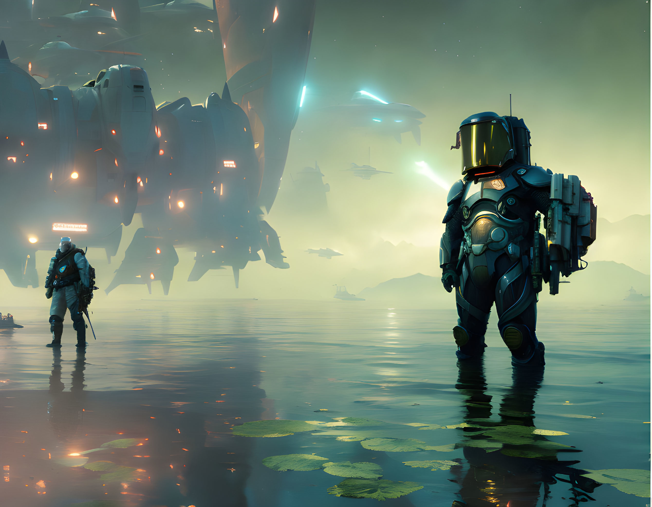 Armored figures in futuristic setting by water with hovering ships and green sky