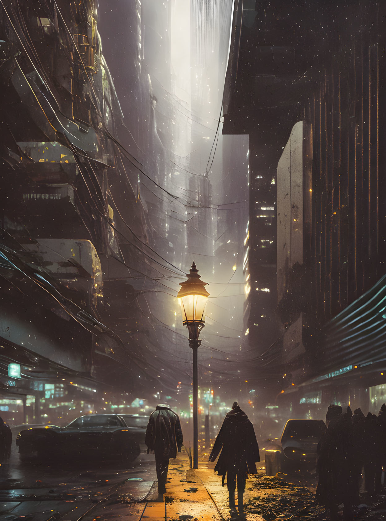 Rainy urban street scene with pedestrians and futuristic buildings under lamp post light.