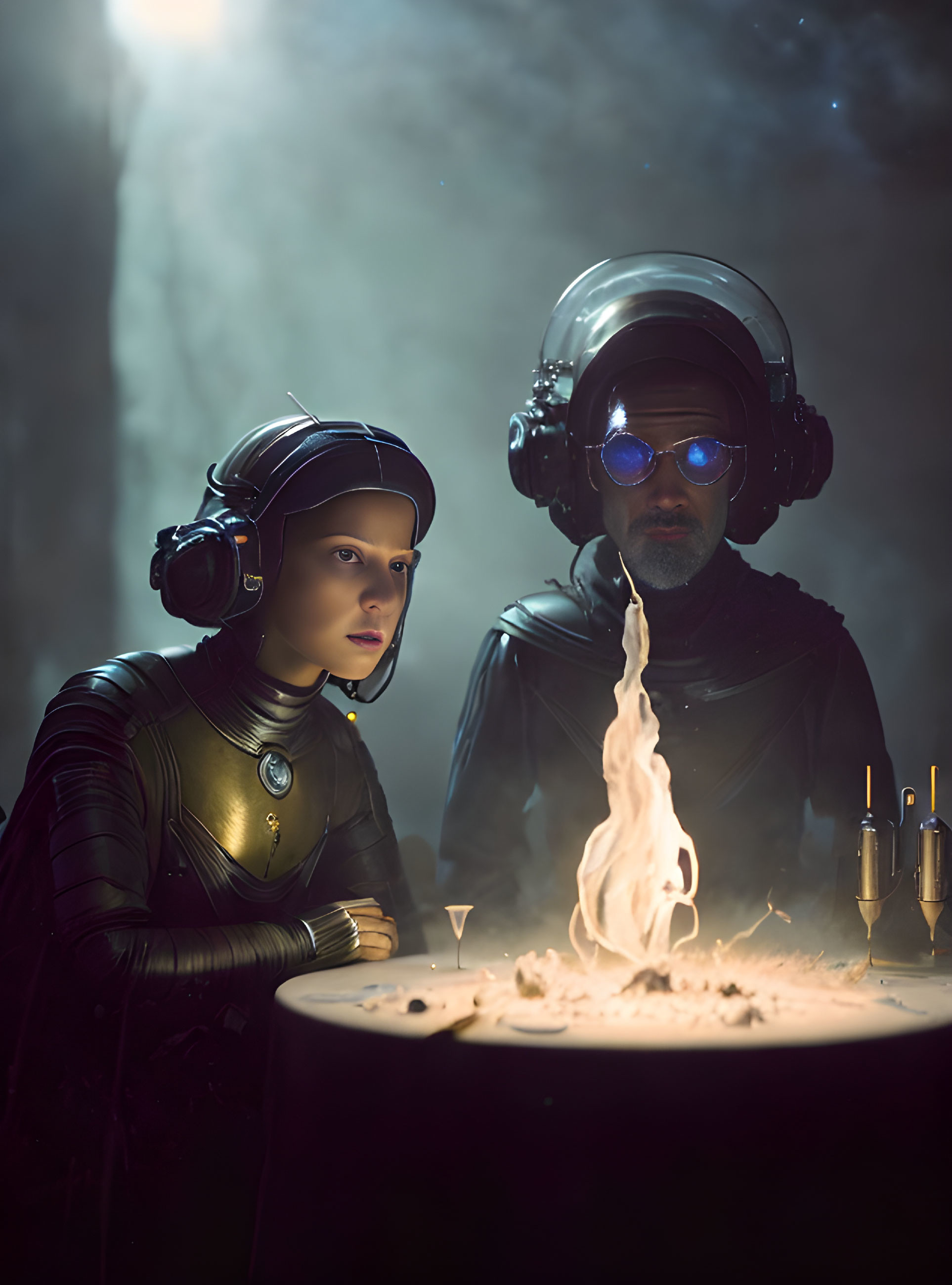 Futuristic individuals in space helmets at table with fire centerpiece