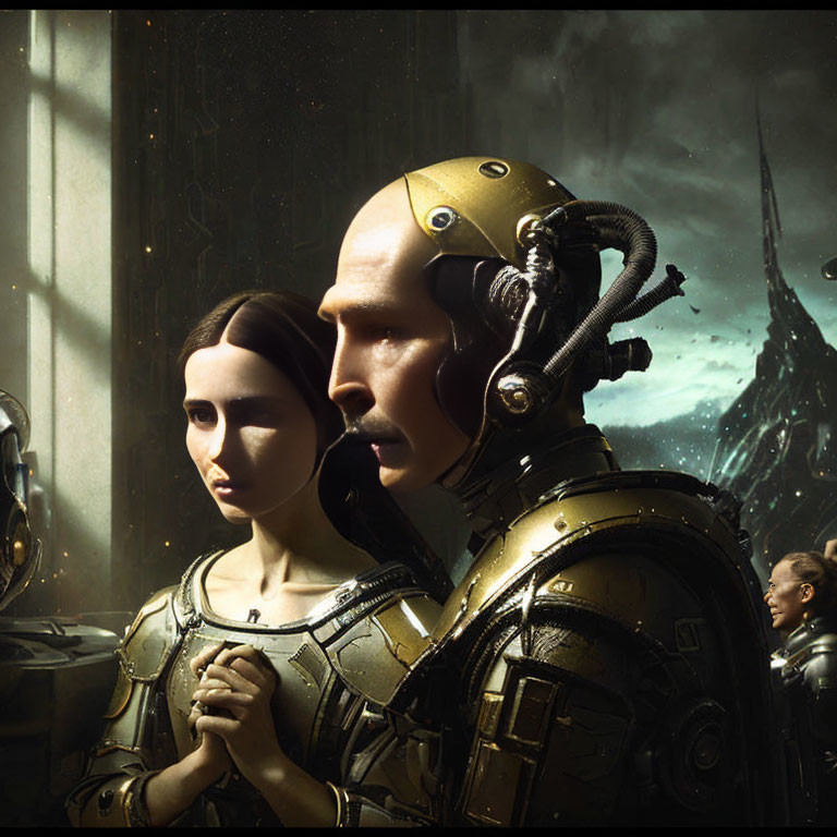 Male and female androids in gold and black armor against futuristic cityscape.