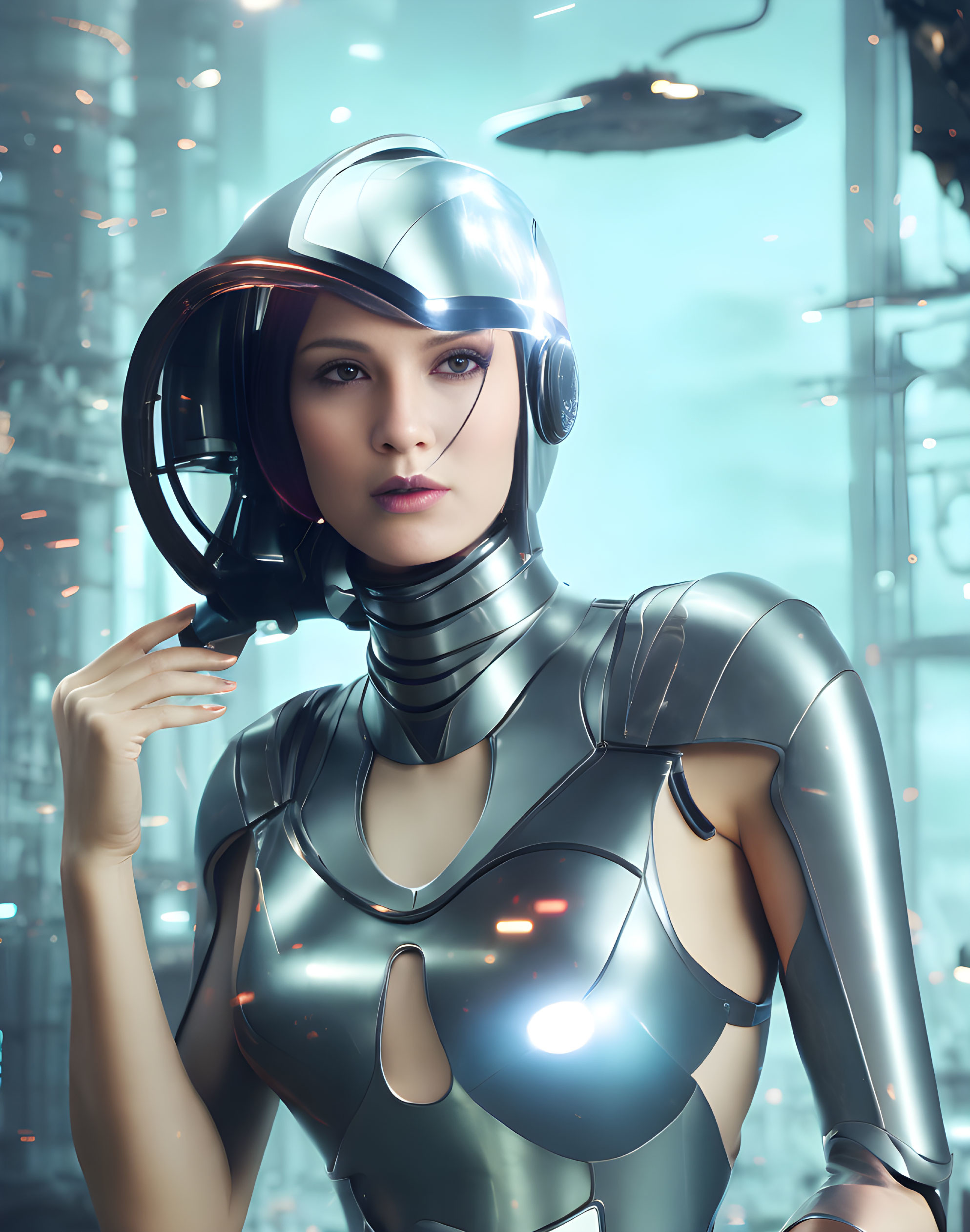 Futuristic female figure in metallic suit and helmet with glowing elements, sci-fi backdrop.