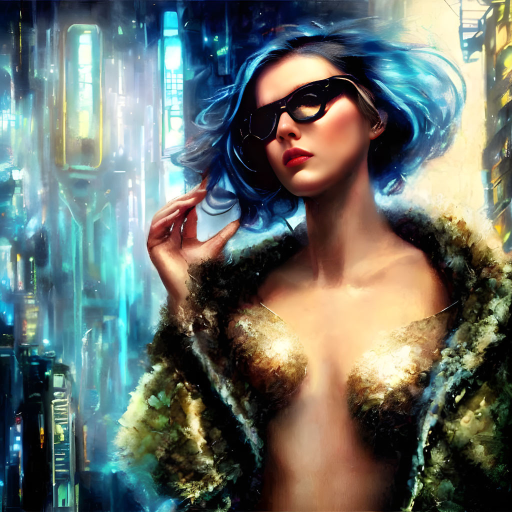 Woman with Blue Hair and Sunglasses in Gold Dress Against Futuristic Cityscape