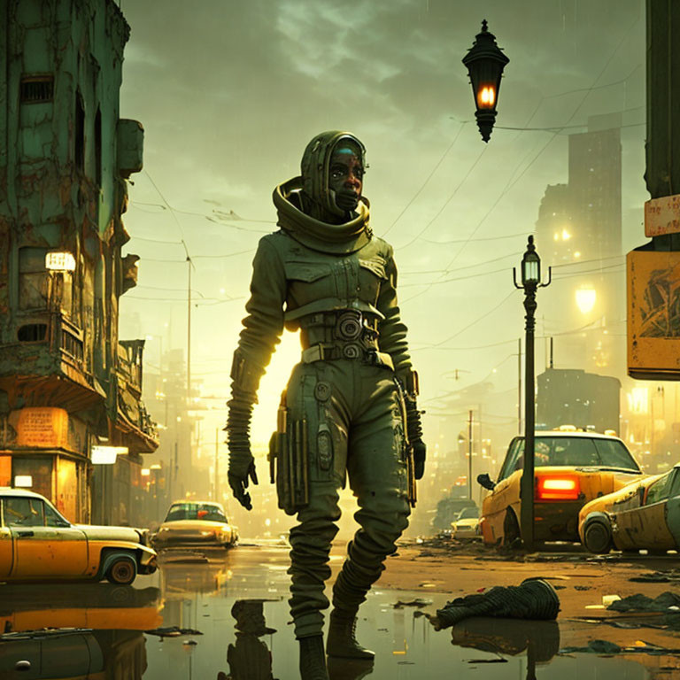 Spacesuit-wearing figure in flooded, dystopian cityscape at dusk