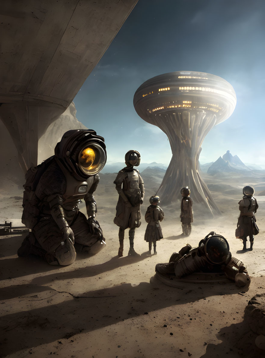 Astronauts in suits on dusty alien planet with futuristic base.