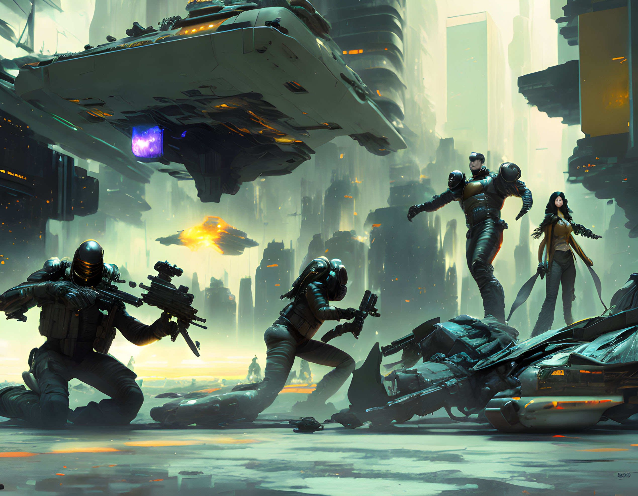 Futuristic soldiers in combat gear amidst wrecked vehicles and a large spaceship in a dystopian city