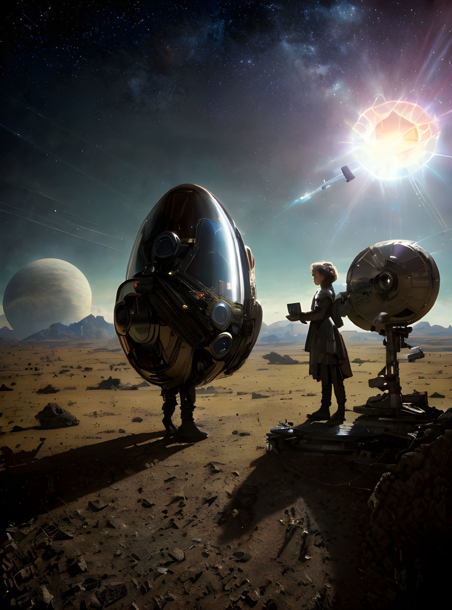 Person standing on alien desert with spaceship and robot under bright sun