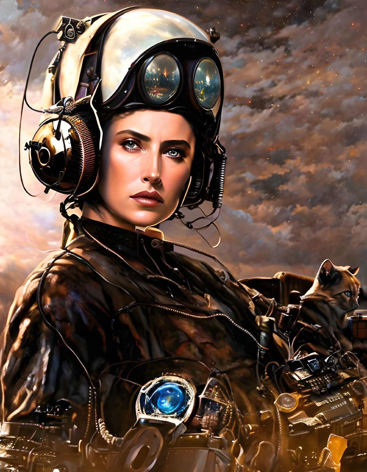 Futuristic digital illustration of woman in pilot helmet with cat under starry sky