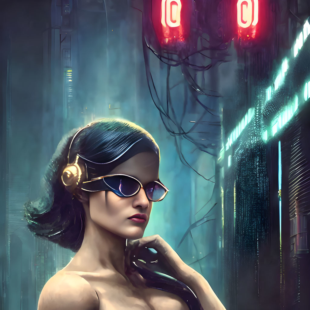 Futuristic woman with stylish sunglasses in neon-lit urban alleyway